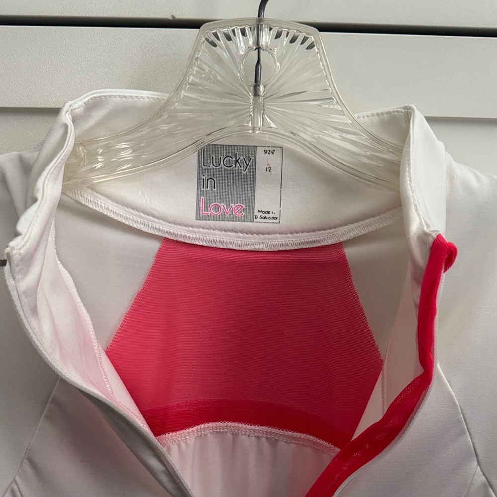 Lucky in Love Women’s White Jacket with Pink Highlights, Size L
